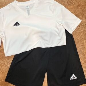 Adidas boys two piece shirt and short set black and white Size Small/ Medium